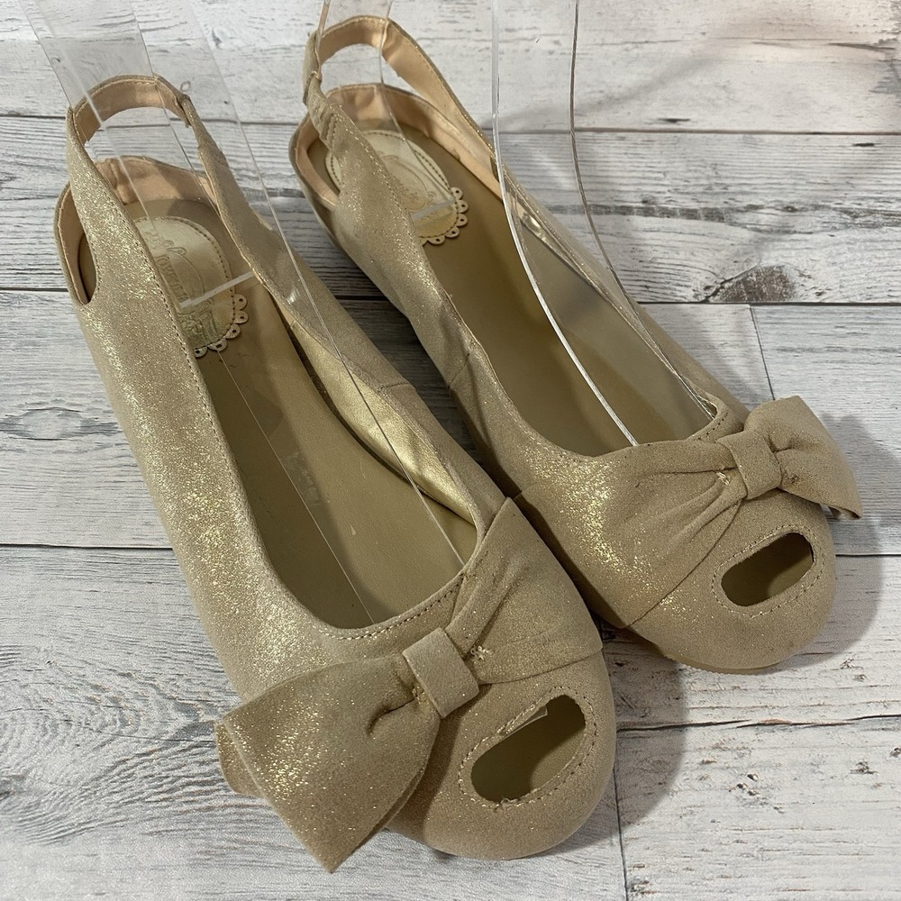 Joyfolie Shoes Womens 8 Pale Gold Mia Slingback Ballet‎ Flats Bows Peep Toe Glam